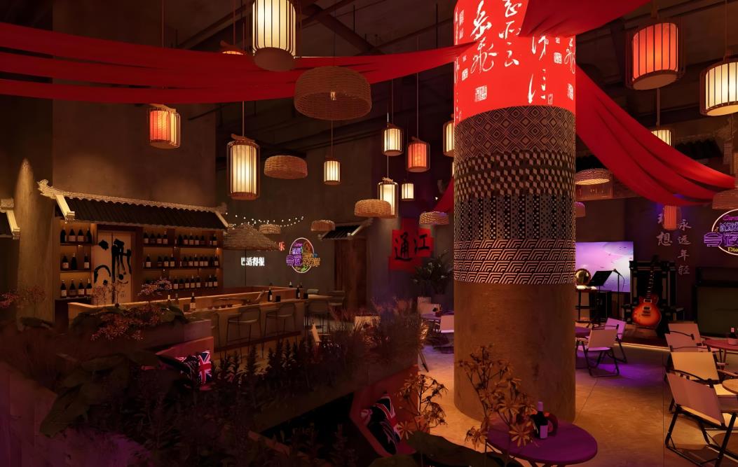 中式復古風格的民謠酒吧裝修設計效果圖