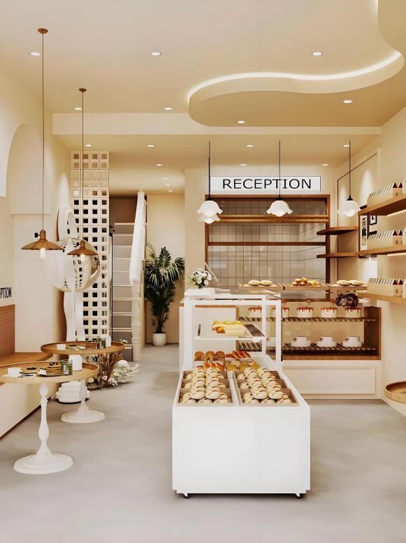 甜品店裝修效果圖，淺色奶風(fēng)格
